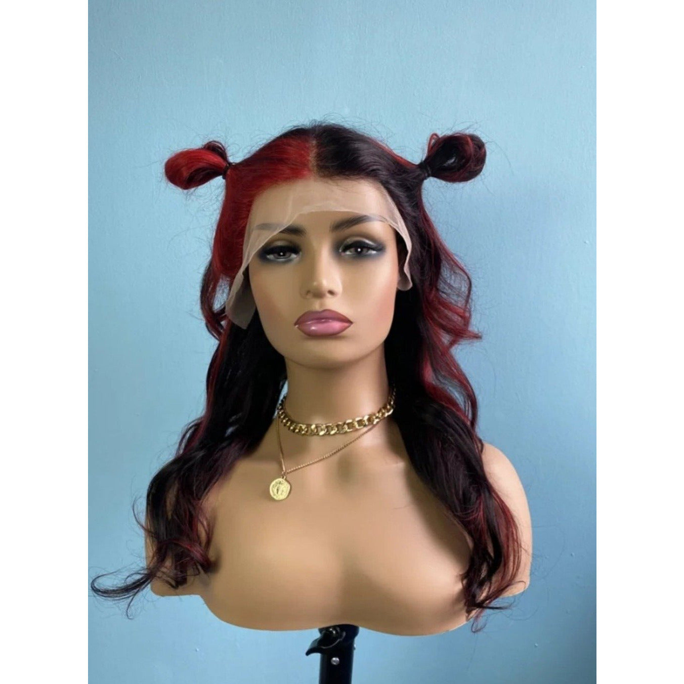 Half Red, Half Black Human Hair Wig - Front View