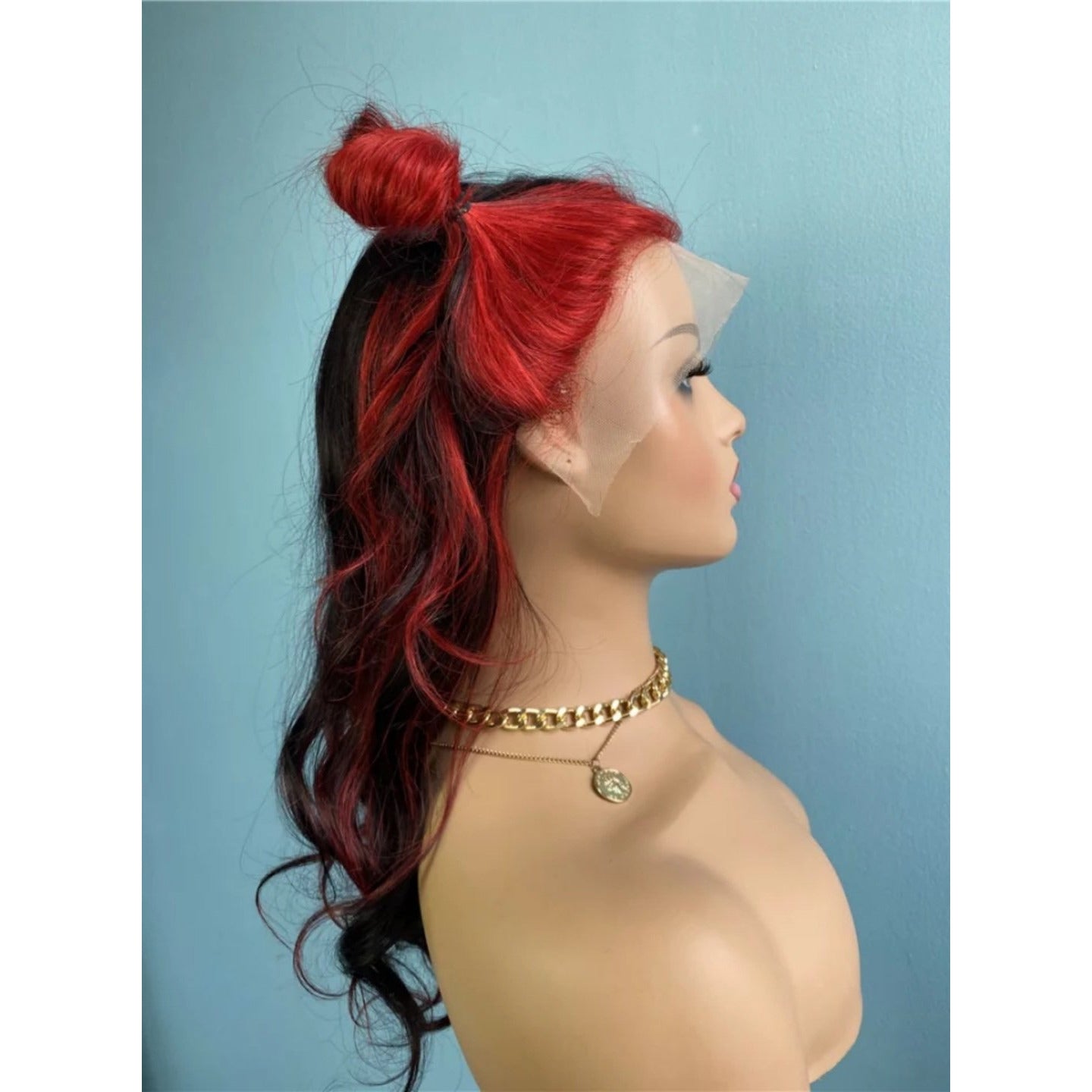 Half Red, Half Black Human Hair Wig - Side View