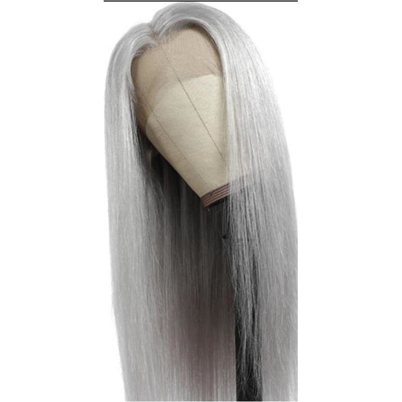 Silver Human Hair Wig on a head tilt